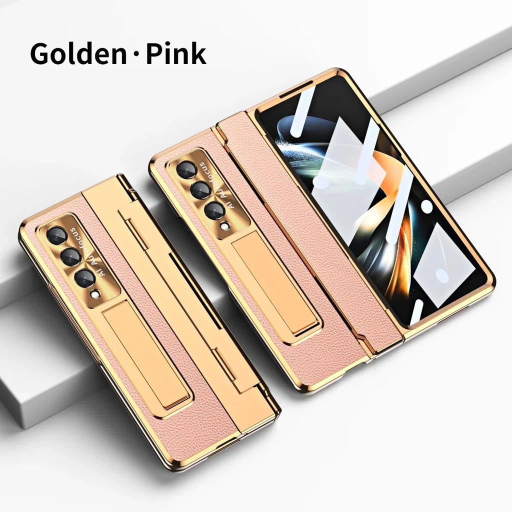 Zawias spłaszczający Zwykły skórzany futerał z uchwytem do Samsung Galaxy Z Fold 5 4 3 5G Pokrowiec ze szkłem hartowanym do etui Z Fold4 Fold3