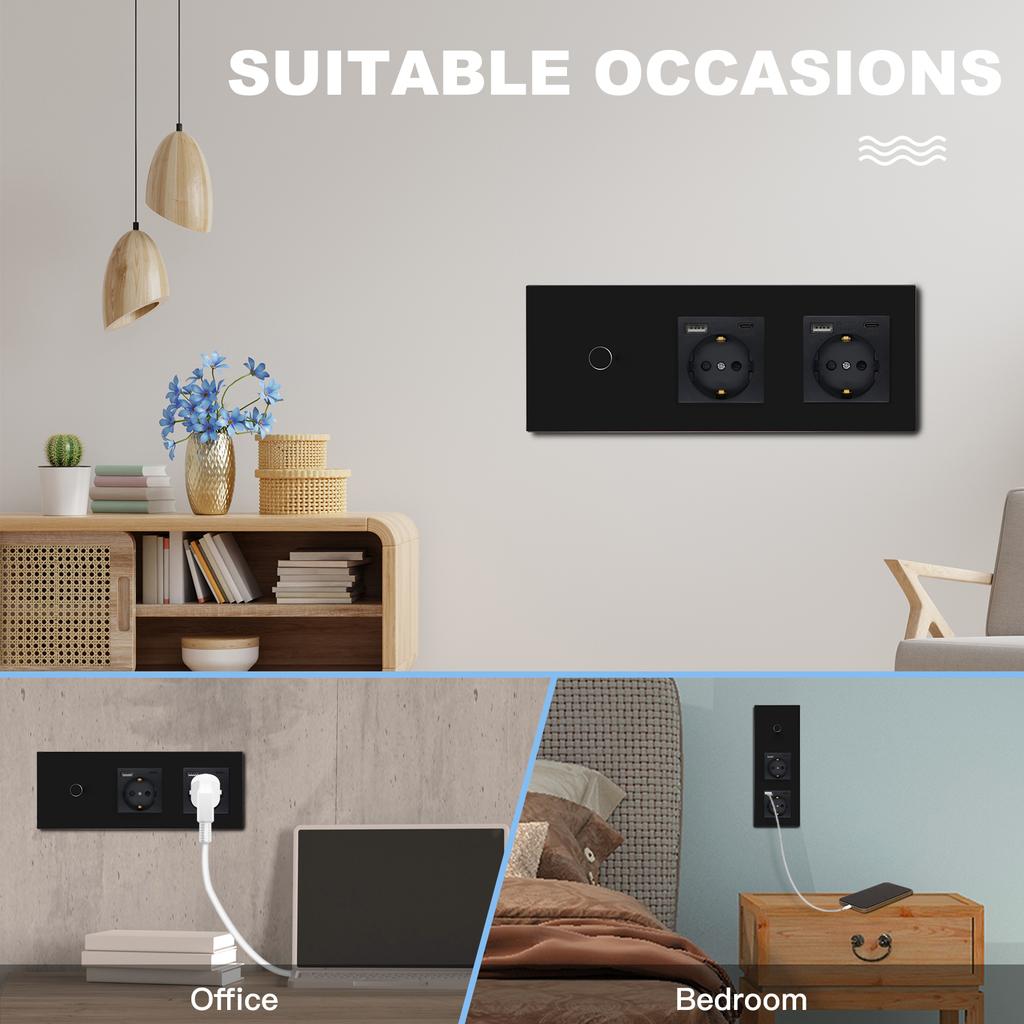 BSEED Touch Sensor Switch 1/2/3Gang 1Way Wall Light Switches Crystal Glass Switch With Double Power Sockets EU Standard