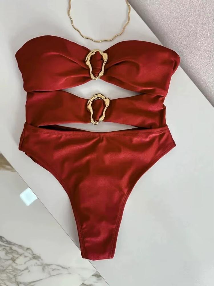 3 Colors Sexy Metal Rings Cut Out Women Swimwear One Piece Swimsuit Female Bandeau High Leg Cut Bather Bathing Suit Swim