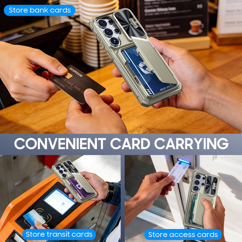 With Card Holder Sliding Camera Cover And Stand For Samsung Galaxy S26 Ultra Phone Case, Anti-Fall PC+TPU Wallet Case-Champagne