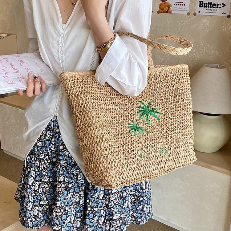 Palm tree embroidered straw tote bag handbag