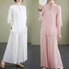Women's Summer 2023 Stand Collar Yoga Set: Solid Color Three-Quarter Sleeve Top & Pants Tea Set