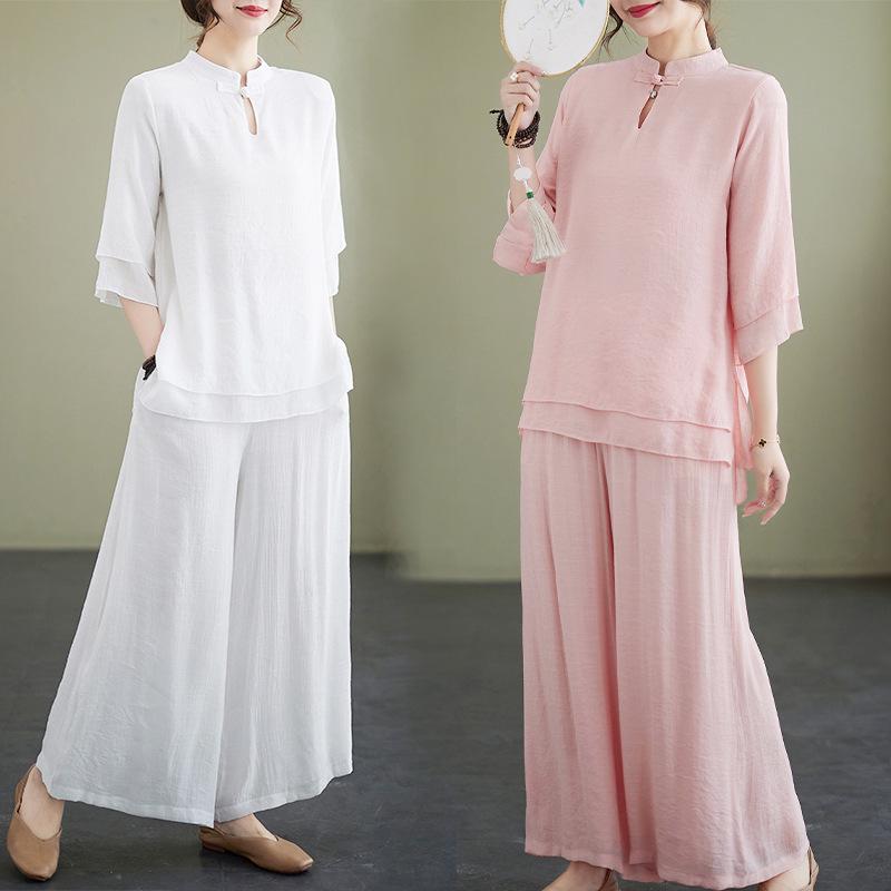 Women's Summer 2023 Stand Collar Yoga Set: Solid Color Three-Quarter Sleeve Top & Pants Tea Set