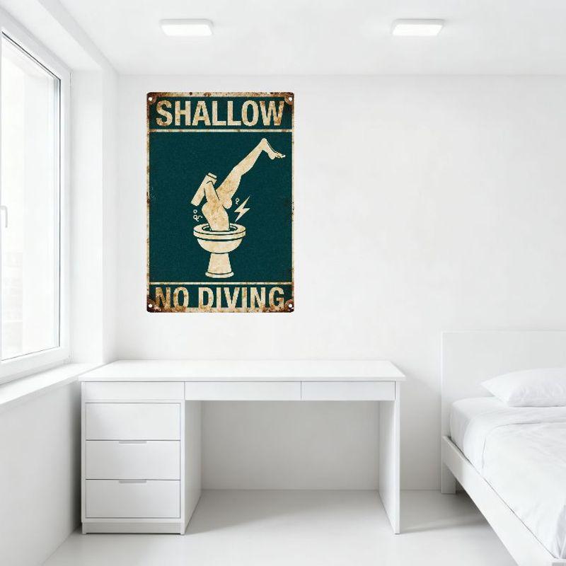 Vintage Rustic Teal Shallow No Diving Metal Tin Sign with Toilet & Lightning Bolt Illustration Retro Warning Home Wall Decor for