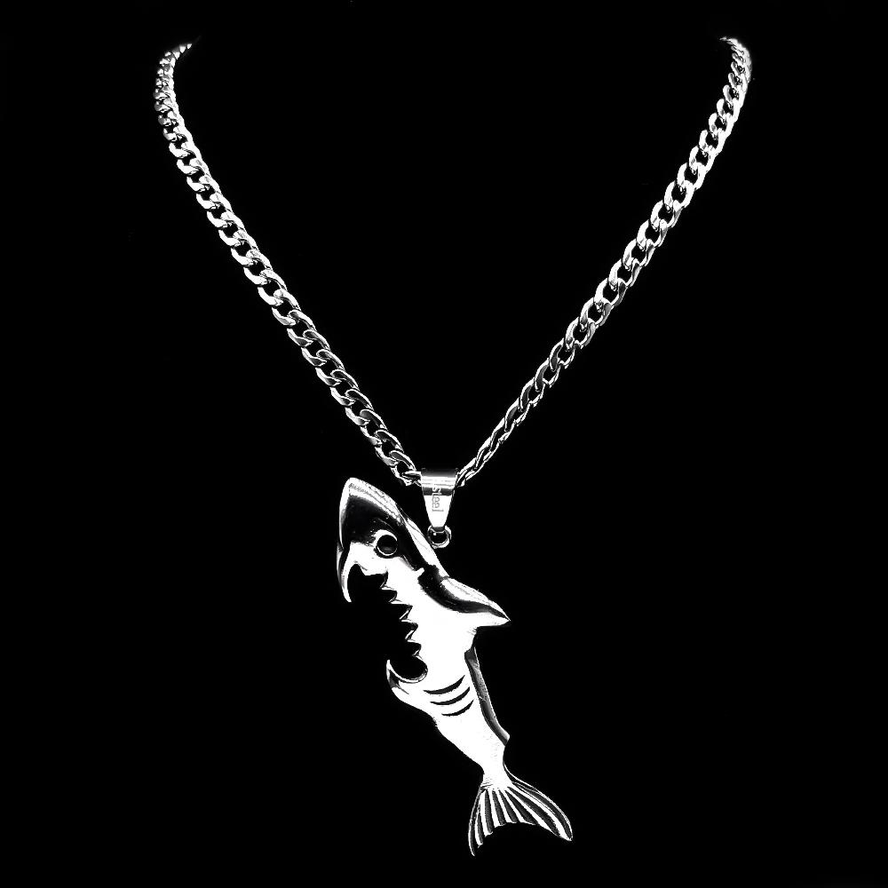 Fish Shark Beer Bottle Opener Pendant Necklaces for Men Stainless Steel Silver Color Multi-Function Hip Hop Male Chain Jewelry
