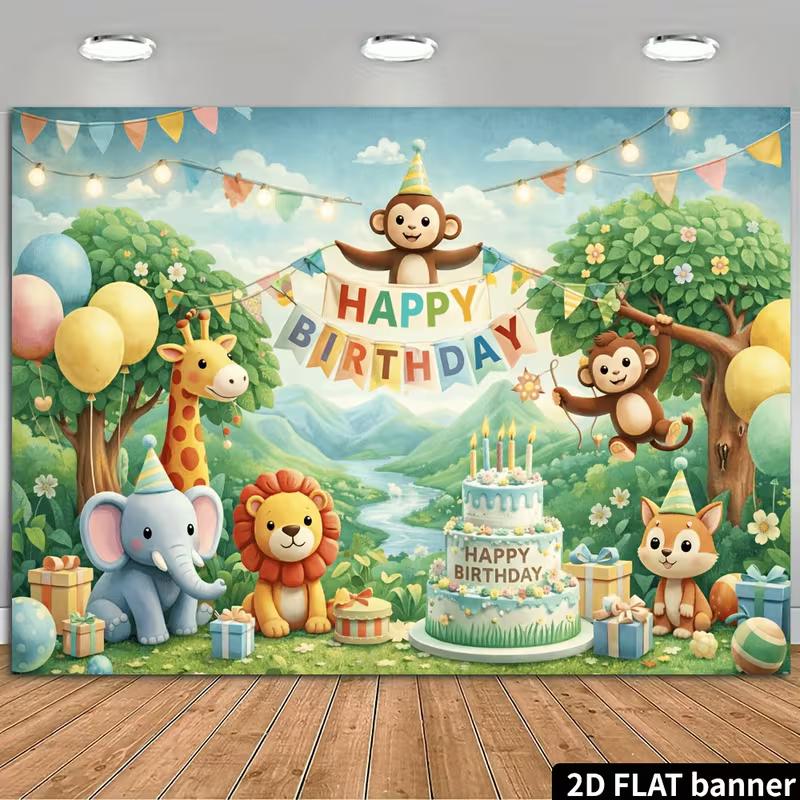 2D Whimsical Forest Animals Birthday Celebration Photography Background 47.2x31.5inch/120*80cm