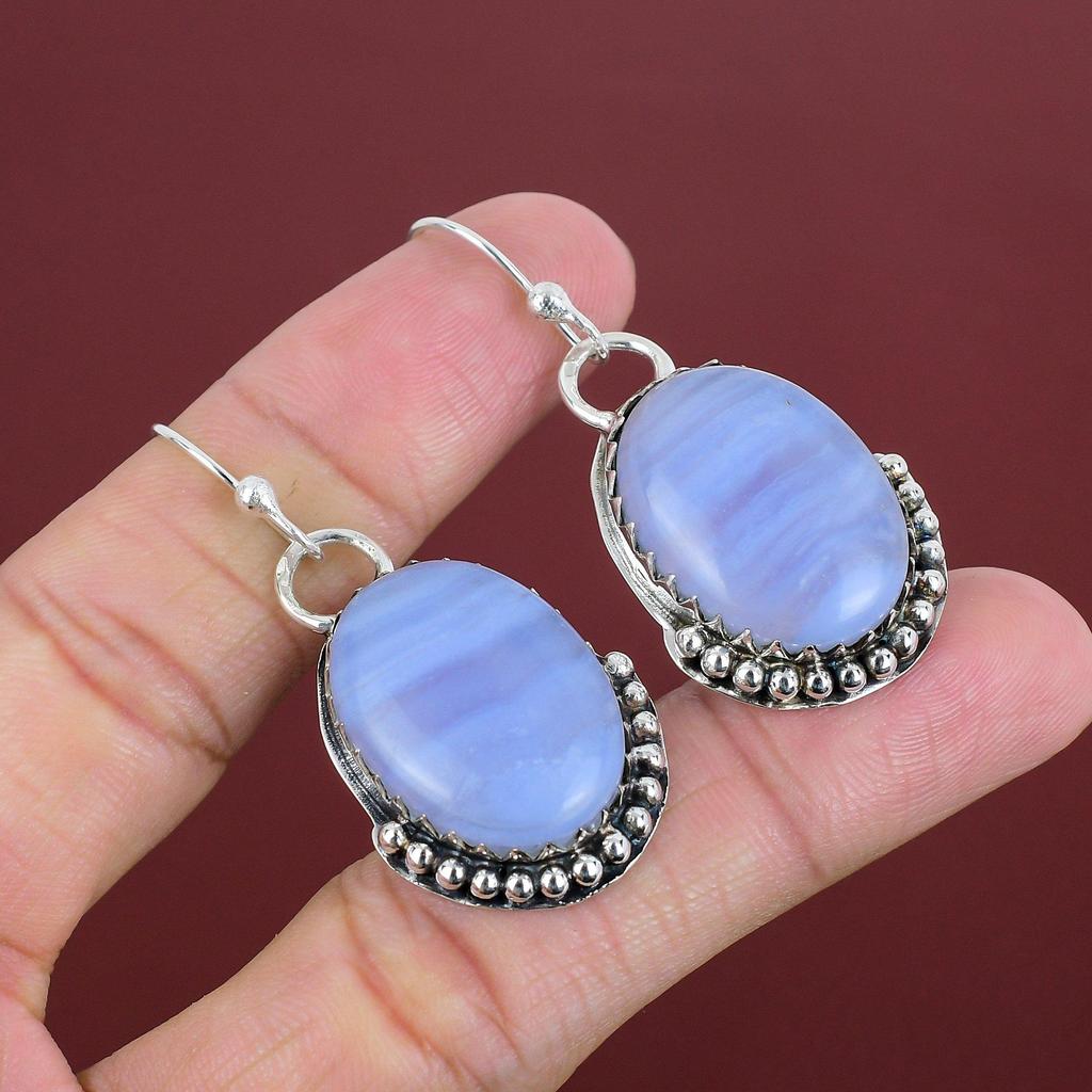 Blue Lace Agate Earrings Gemstone Earring Decent Jewelry 925 Sterling Silver Earrings Handmade Earring Antique Drop Earring Engagement Gifts