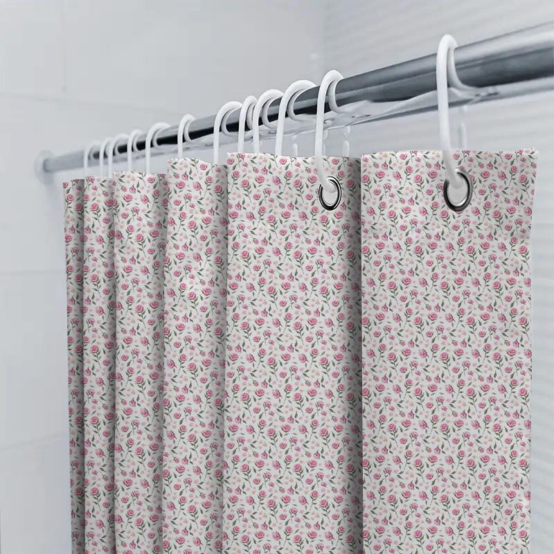 Entzückender Blumiger Duschvorhang Rosa Rose Grünes Blatt Design Für Badezimmer Dekoration Waschbarer Stoff Heimdekoration Mit Ringen
