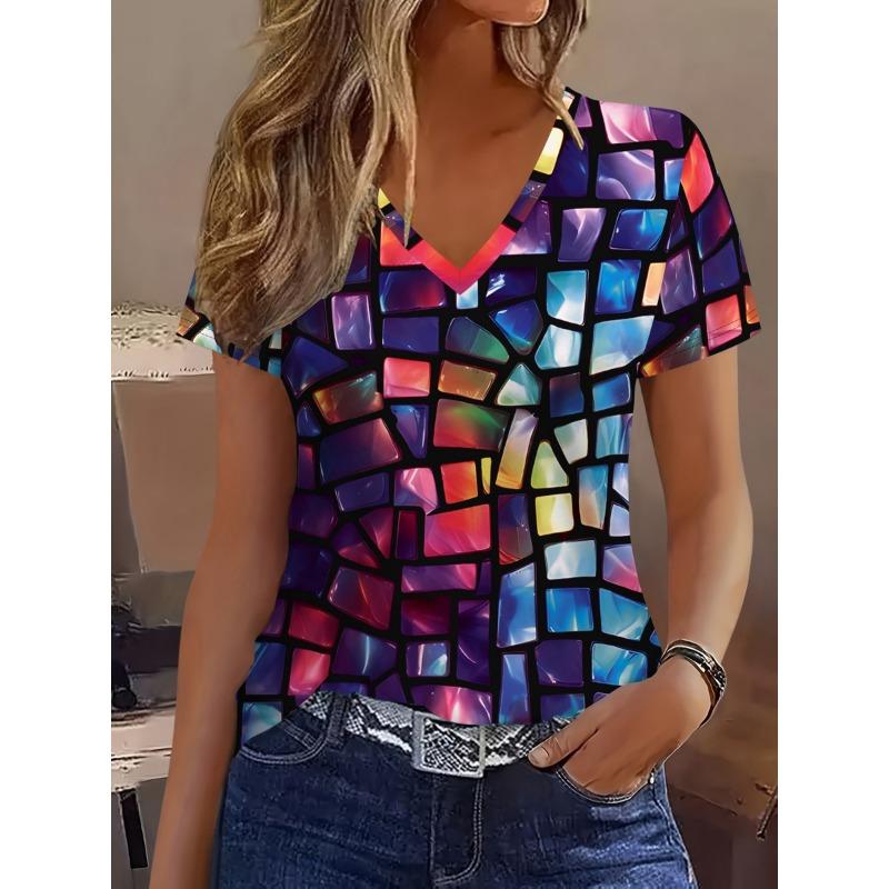 

Simple, fashionable and elegant resort style V-neck short-sleeved T-shirt XL