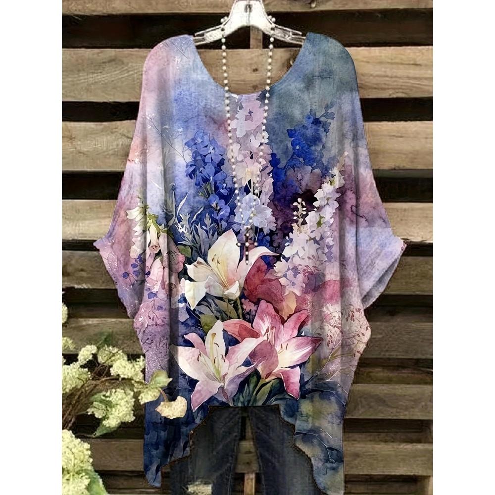 Damen Sommer Böhmisches T-Shirt mit Blumendruck Vintage Helllila Y2k Grafik Rundhals Kleidung Elegant Frau Kurzarm Top