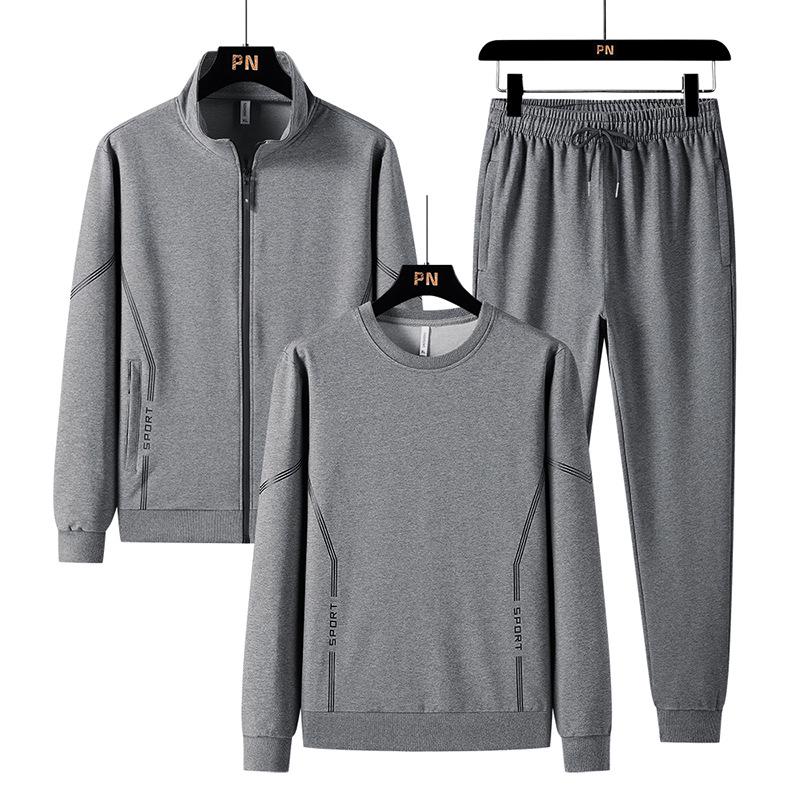 Men's Plus Size Cotton Sportswear Set: Stand Collar Jacket & Crew Neck Sweatshirt, Two or Three Piece Casual Set