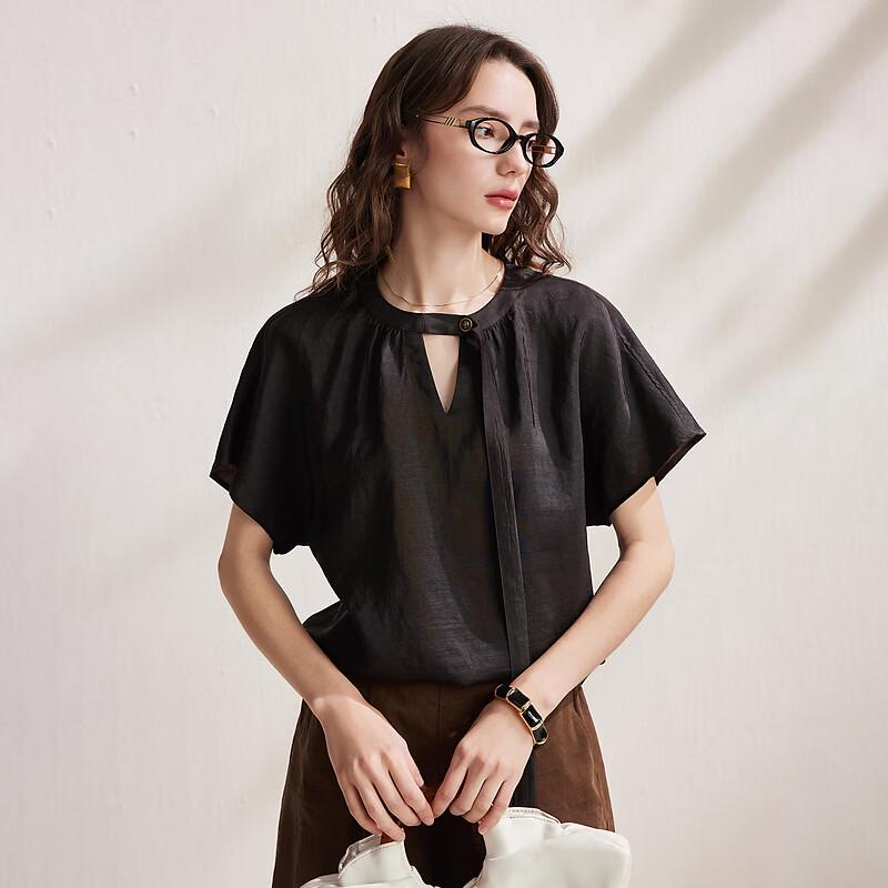 Zhaojun Heavyweight Mulberry Silk Tie-Neck Short Sleeve Top 2XL