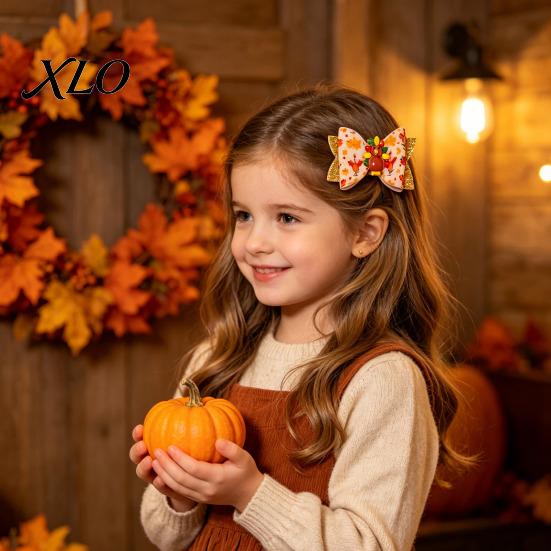 Festival Style Hair Accessories Thanksgiving Turkey Bow Clip for Girls, Decorative Pins, Maple Leaf Pins Double Layer Glitter Clip, Cute Autumn
