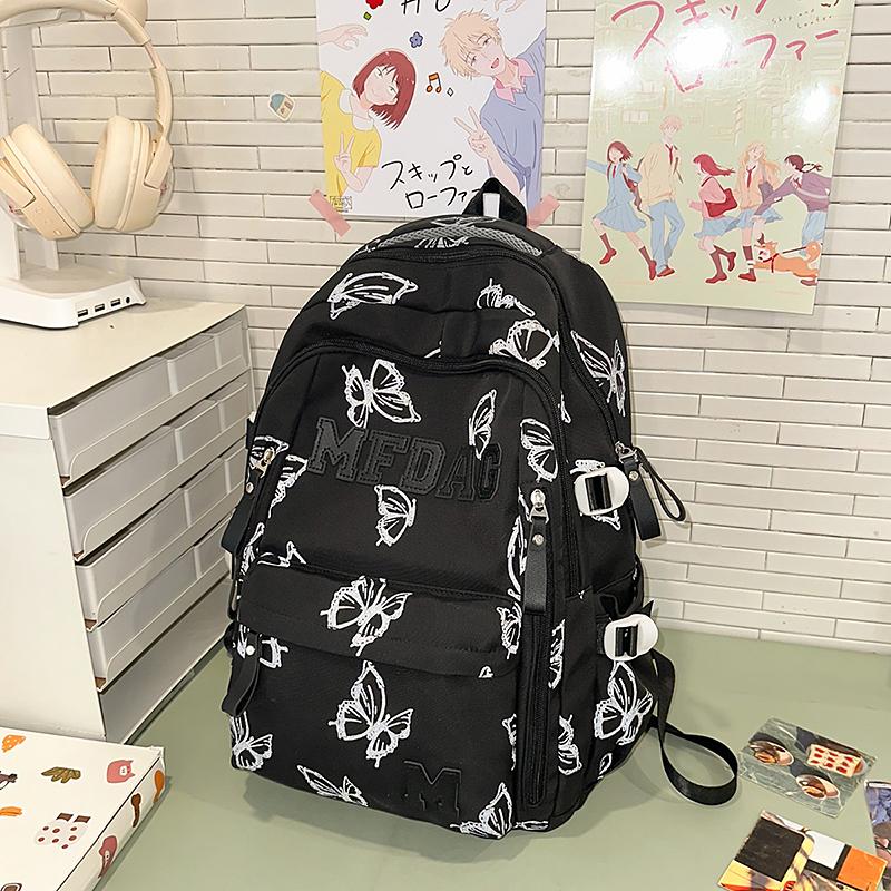 Fashionable Butterfly Printed Backpack Large Capacity Nylon Backpack Student Backpack with Multiple Pockets Suitable for Daily and Student Use