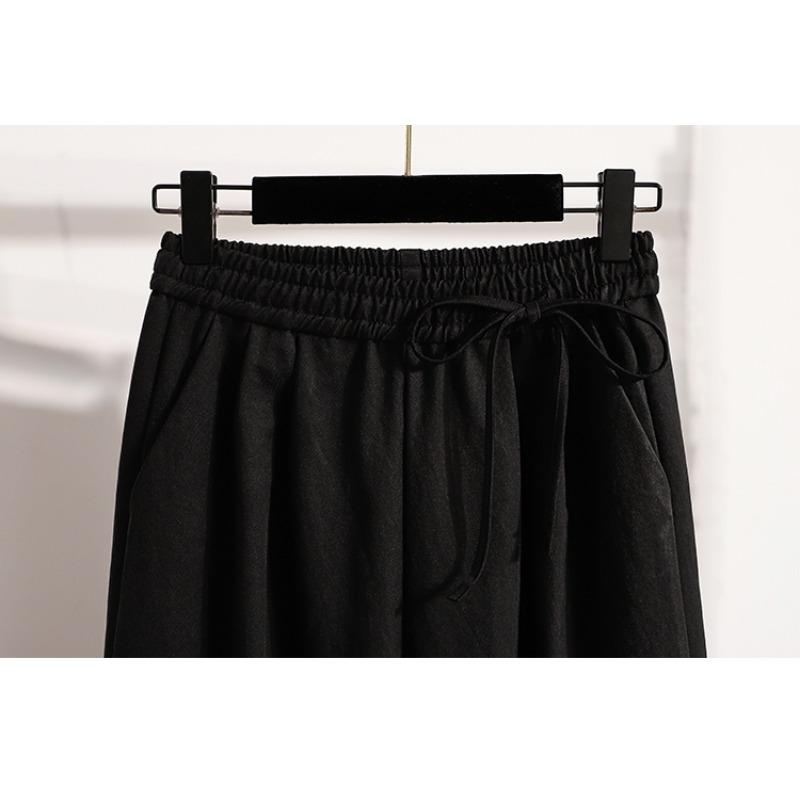 Dimanaf 2025 Plus Size Long Pants Women Elastic Loose High Waist Vintage Solid Cotton Loose Casual Female Basic Trousers Harem Pants Wide Leg Pants