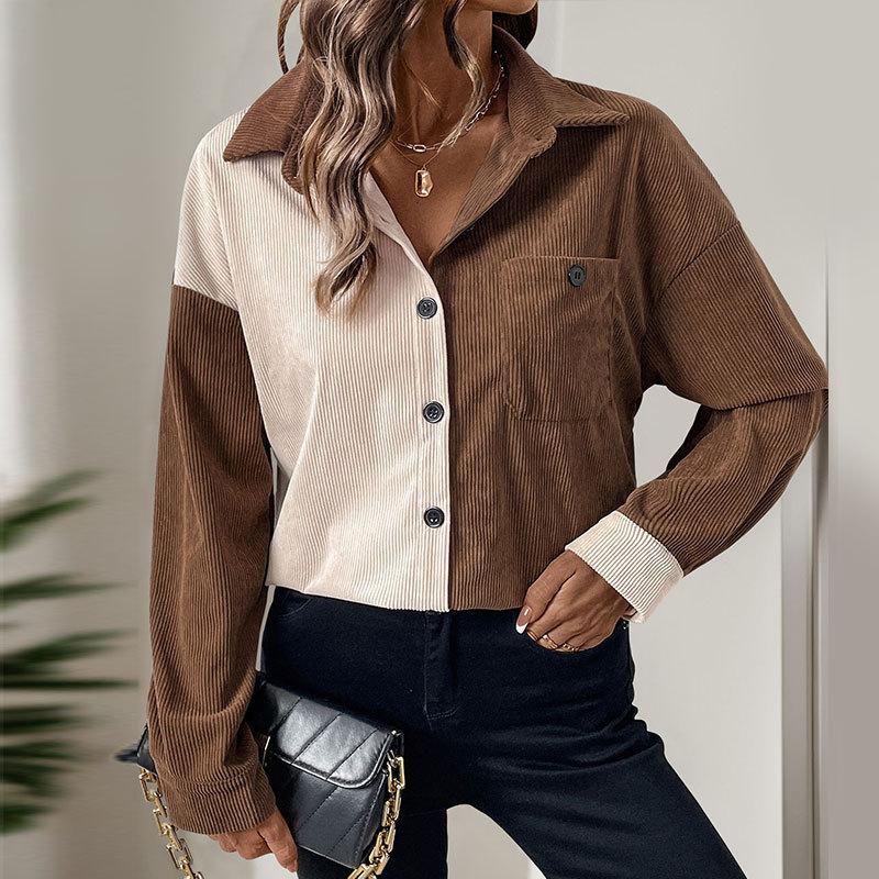 Maglia a collo alto Patchwork Vintage in Velluto a Coste Primavera Autunno Donna Larga Casual Versatile Cardigan Blusa Top