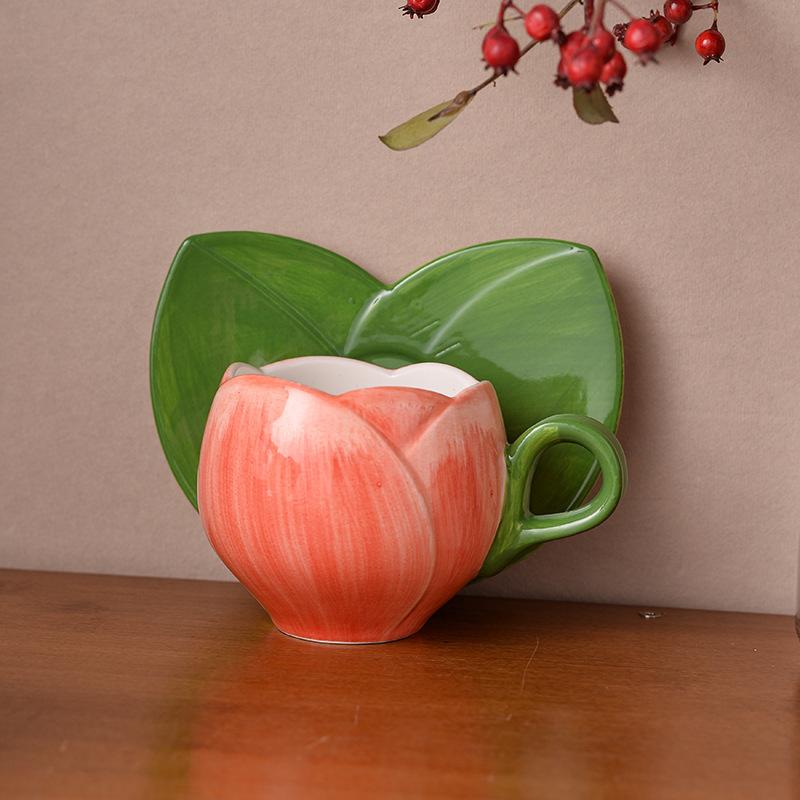 300ML European Ceramic Flower Coffee Cup Saucer Creative Tulip Mug Exquisite Afternoon Tea Flower Tea Cup Home Breakfast Mug New