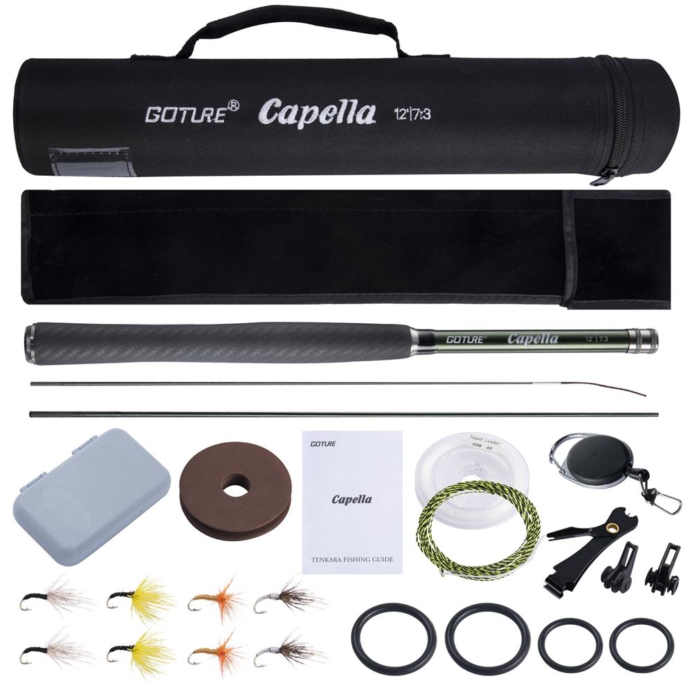 Combo canne da pesca a mosca Tenkara Goture 12FT Classiche Portatili Ultraleggere in Fibra di Carbonio IM8 Canna da Trota con Set di Linea da Mosca e Esche Nuovo