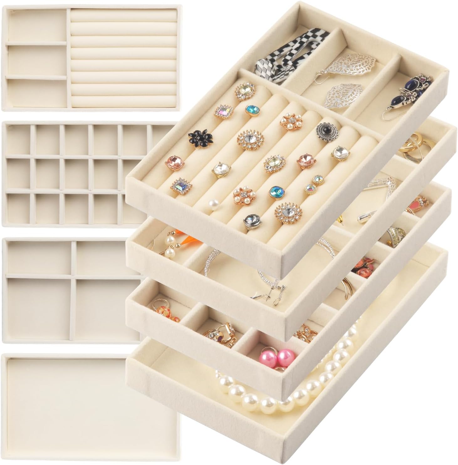

Jewelry Drawer Organizer, 8-Piece Stackable Velvet Trays, Green бежевий