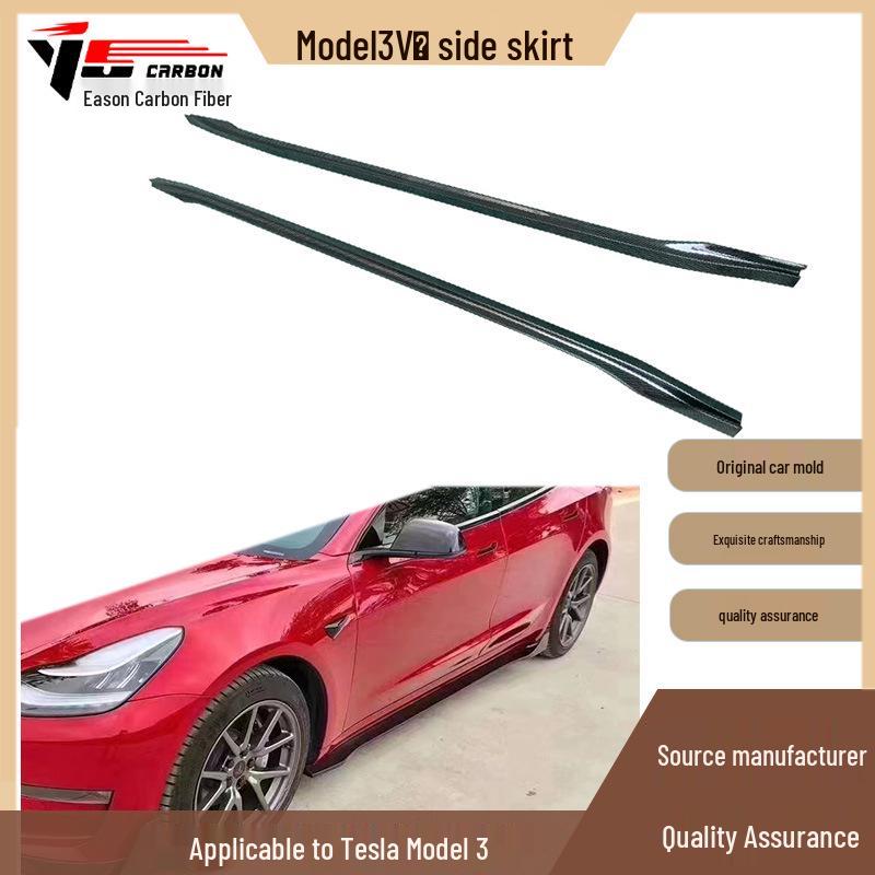 Fits Tesla Model 3, 2018+: V-style Carbon Fiber Side Skirts, Rocker Panels, and Foot Pedals.
