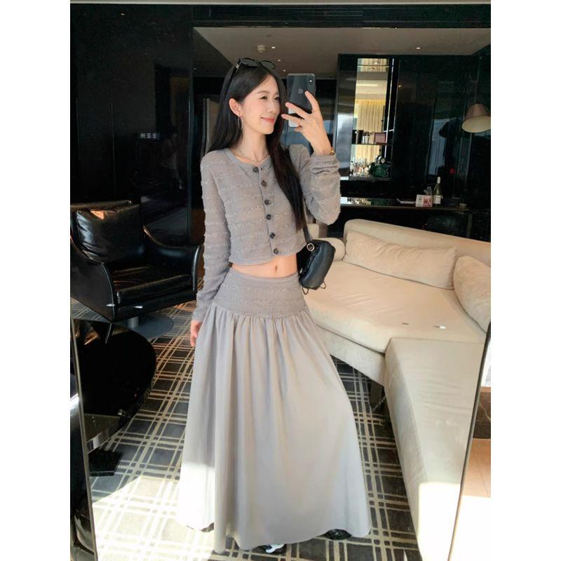 Kumikumi Sweet Style Suit Single-Breasted Long Sleeve Knitwear Women's Autumn High Waist Drooping Skirt Two-piece Set