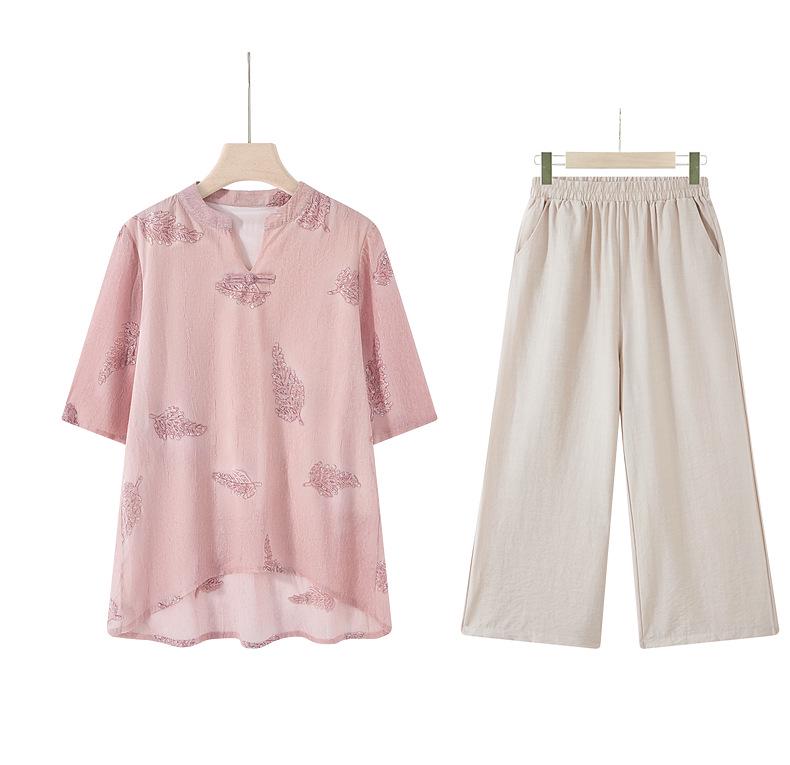 Mom's Summer Chic Chinese-Style Loose T-Shirt Set for Women