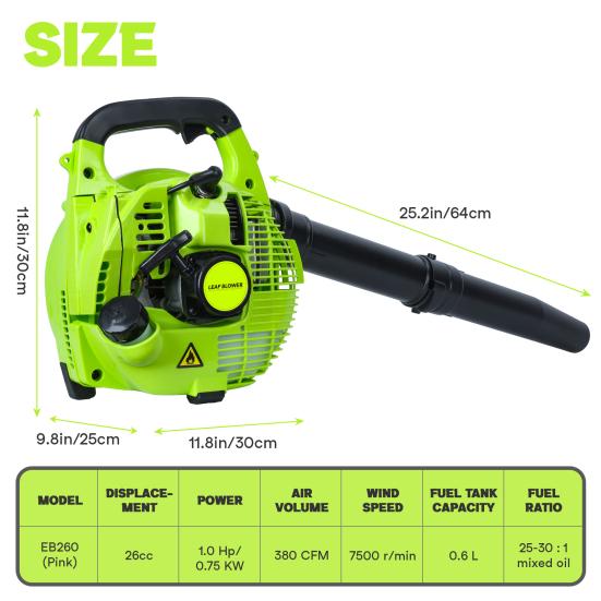 2-Stroke Handheld Leaf Blower Gas Powered Leaf Blower 26cc Handheld Gas Blower Powerful Clearing Blower for Lawn Care Snow Blowing(Green)