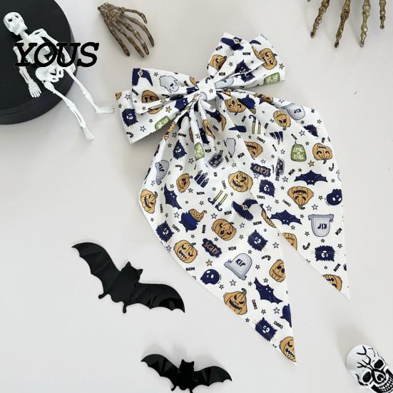 Bat Theme Hair Decoration Halloween Silky Satin Bows, Big Ribbon Bow Clips, Oversized Funny Holiday Clip Long Tail Barrettes, Cute Accessories