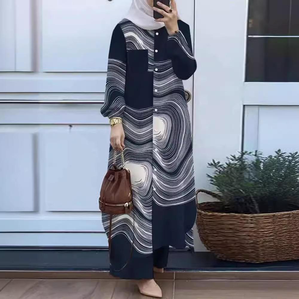 Middle Eastern Women's Long Sleeve Printed Cardigan Robe Dress