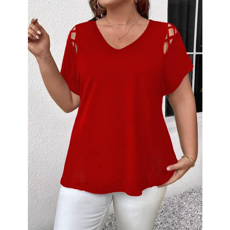 Zomer Nieuwe Casual Elegante Blouse met Kruisbanden Mode Casual Top Grote Maat Effen Kleur Zoet V-hals Uitgesneden Overhemden Korte Mouw Basis Kleding