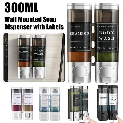 300ml 2 Chamber Shower Soap Dispenser Wall Mounted for Shower Wall Shampoo and Conditioner Dispenser Bathroom Hotel with Labels