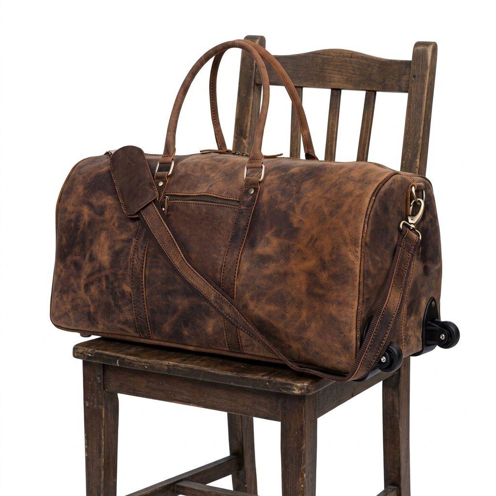 Handmade Leather Trolley Duffel Bag Mens Travel Duffel On Wheels Carry On Cabin Luggage Overnight Duffel Christmas Gift for Men and Women