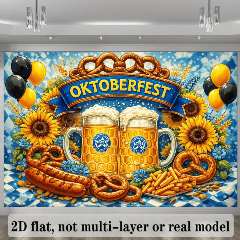 2D-ebene Stoffkulisse zum Thema Münchner Bierfest. In der Mitte des Bildes ist ein blaues Banner mit gelber Schrift.PMJ