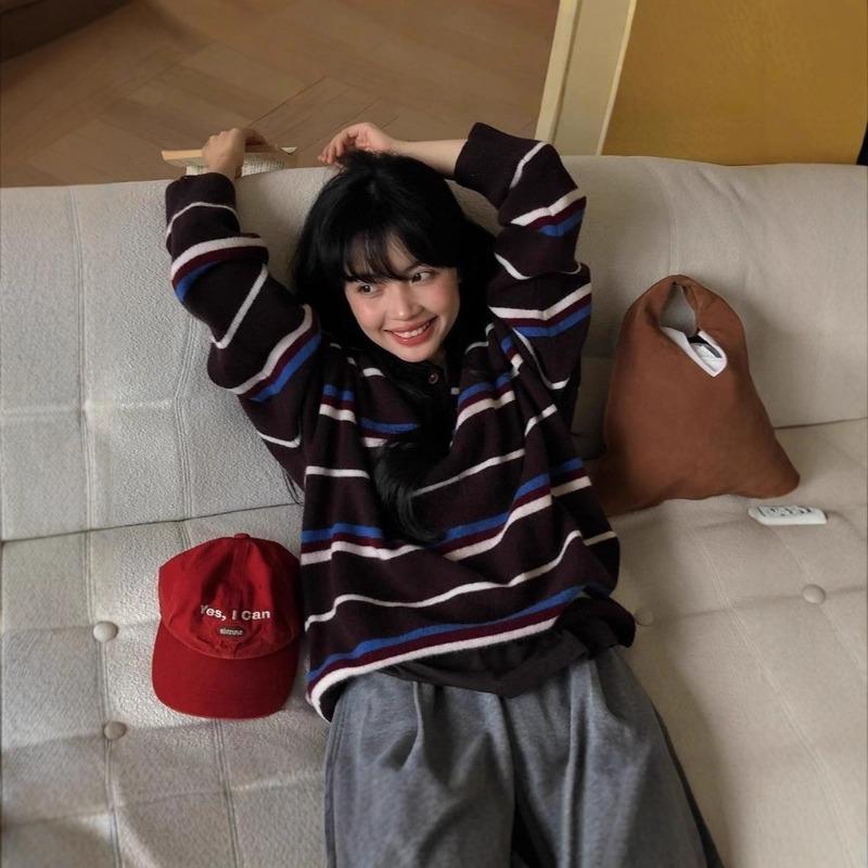 Autumn and winter new long-sleeved polo collar casual contrasting striped knitted sweater jacket retro sweater top