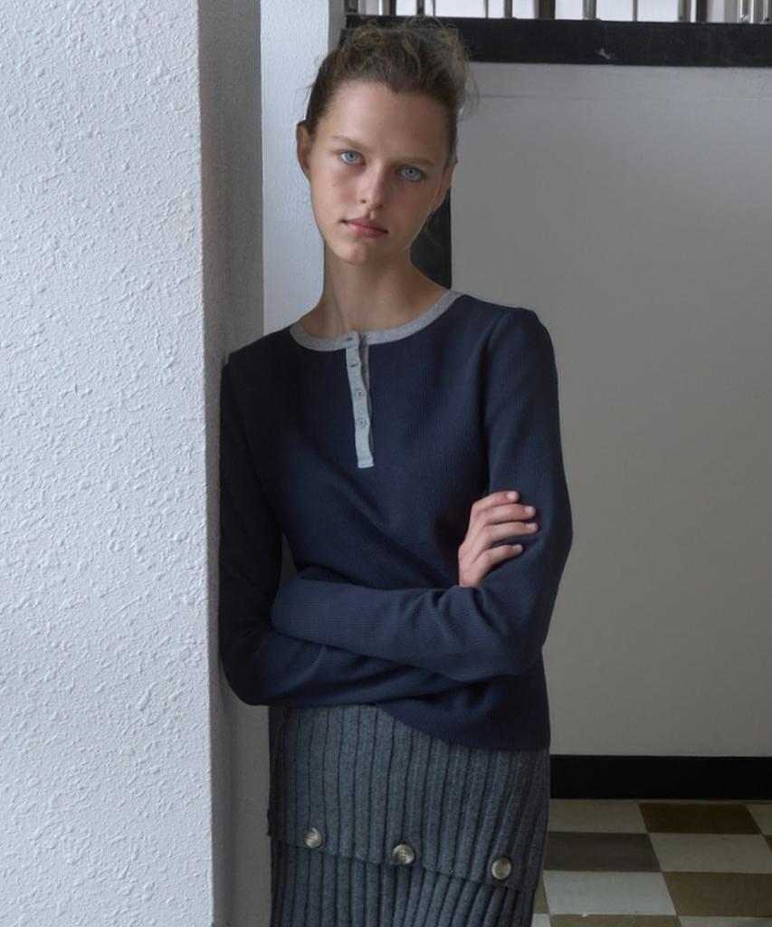 KIJUN Henley Neck Long Sleeve Tee_Navy