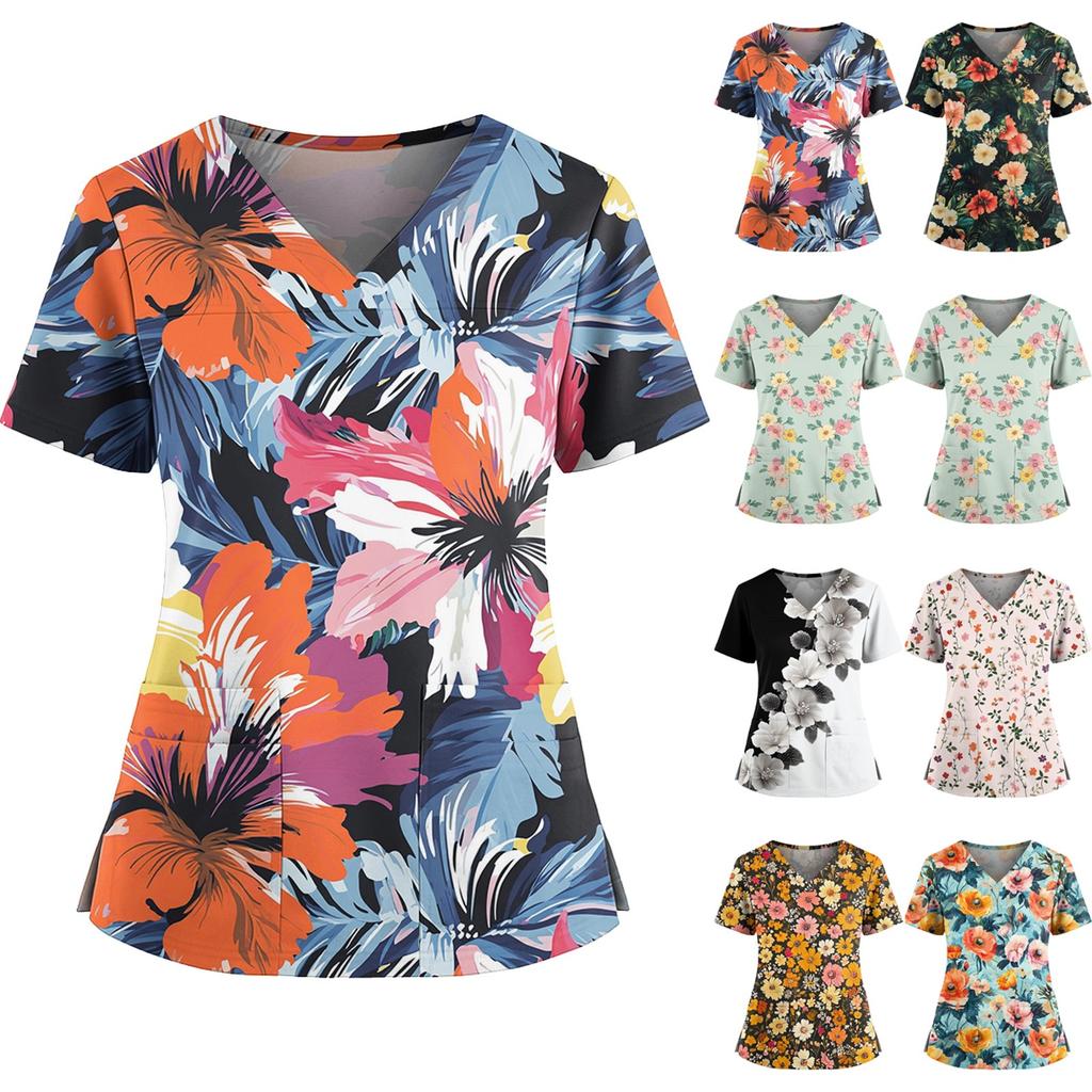 Kvinners avslappet trykket V-hals lomme sideslisse kortarmet topp kortarmet topp