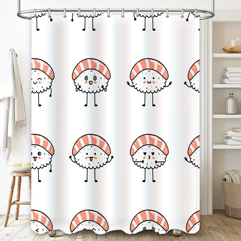 Adorable Cartoon Sushi Print Shower Curtain for Bathroom Decor White, Orange Color with Cute Kawaii Food Design