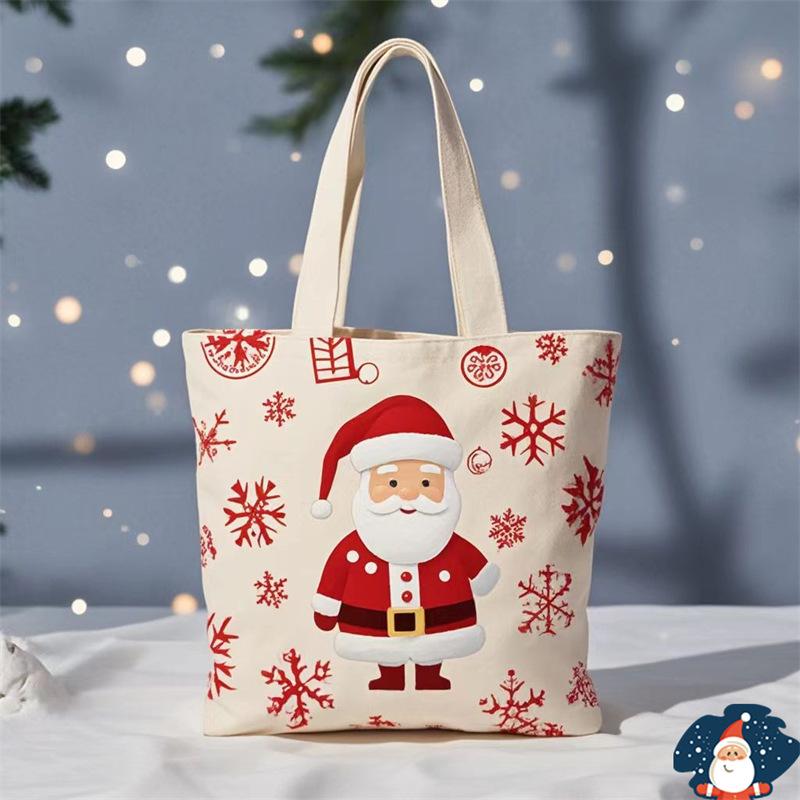 Happy New Year Christmas Gift Bags Cartoon Santa Claus Elk Christmas Tree Tote Canvas Bag Large Capacity Holiday Shopping Bag
