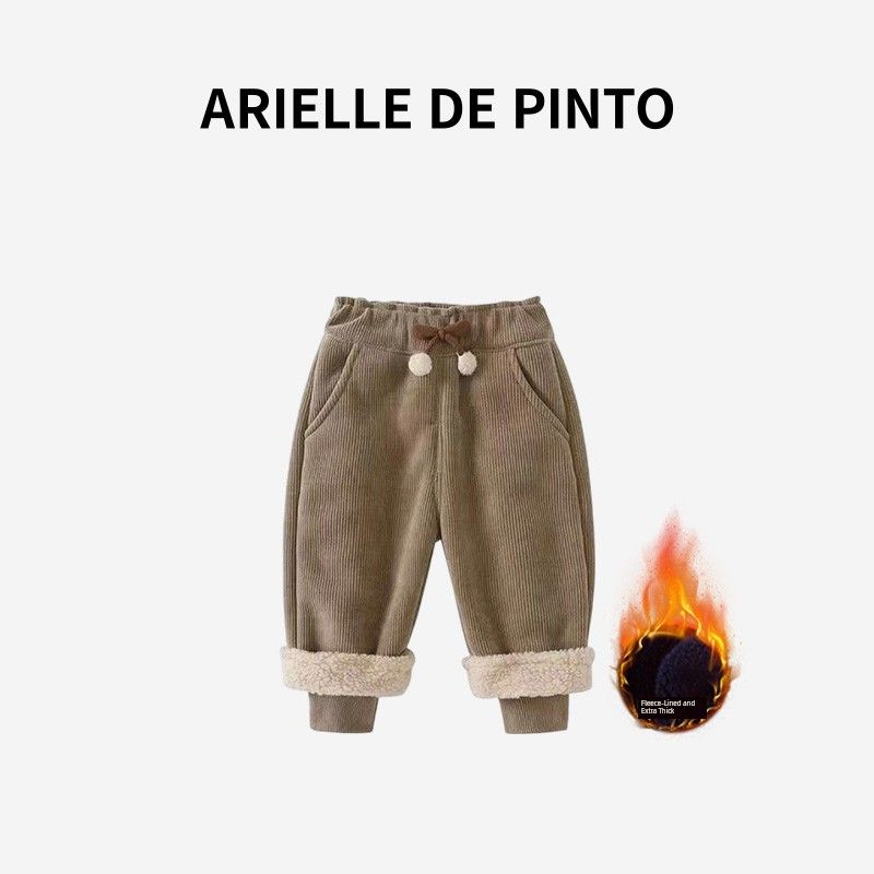 French Arielle De Pinto Girls  Pants Autumn and Winter Casual Sweet Style Fleece-Lined Thickened Corduroy Khaki, Fleece-Lined, Extra Thick 90