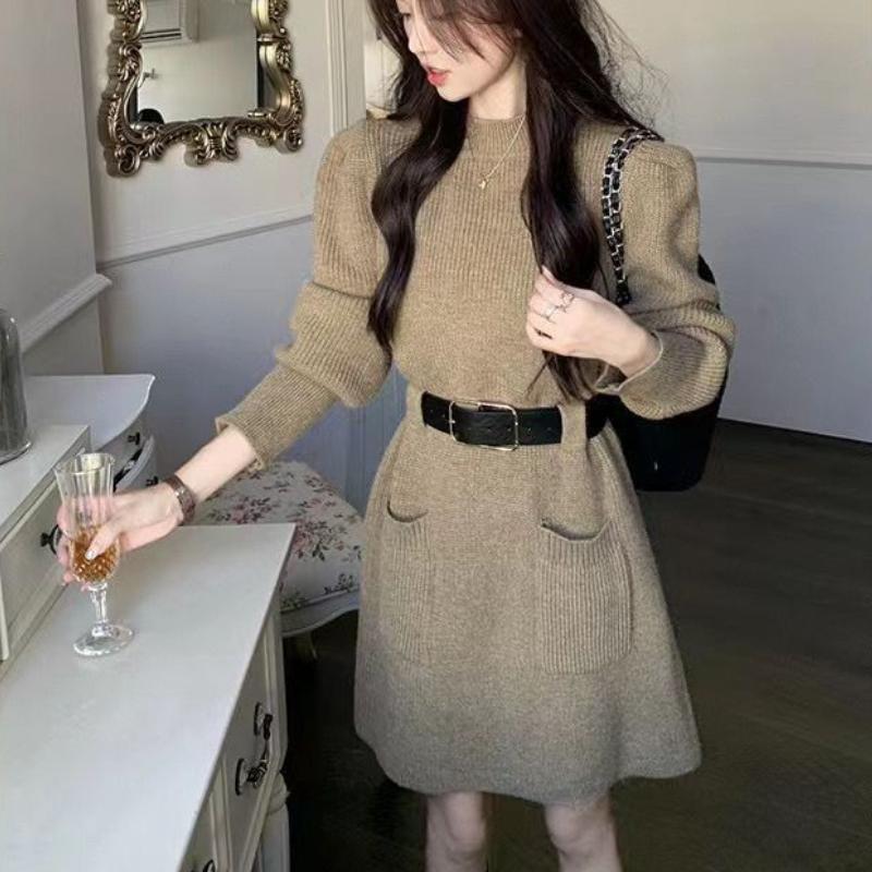 Plus Size Women's Korean Style Fashion Knit Dress Winter Autumn Design Sense Waist-Cinching Base Layer Skirt Trendy