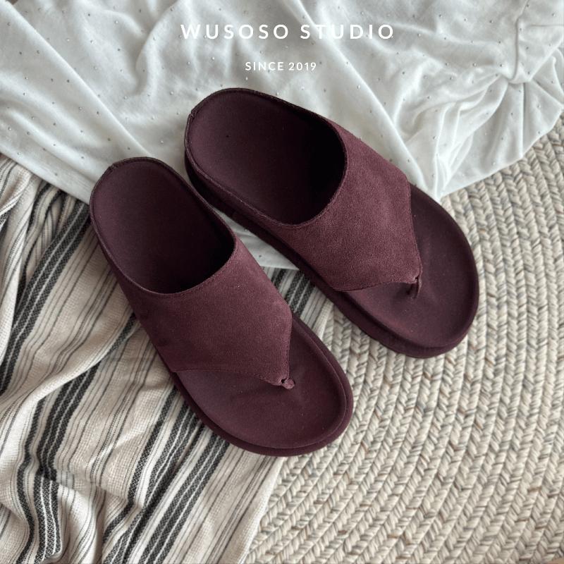 

[Blue Cabinet] 25ss | Old Money Wind Soft Leather Pinch Foot Flip-flops Comfortable Versatile Slippers Women s Summer Outwear Fashion Women 35 бордовый