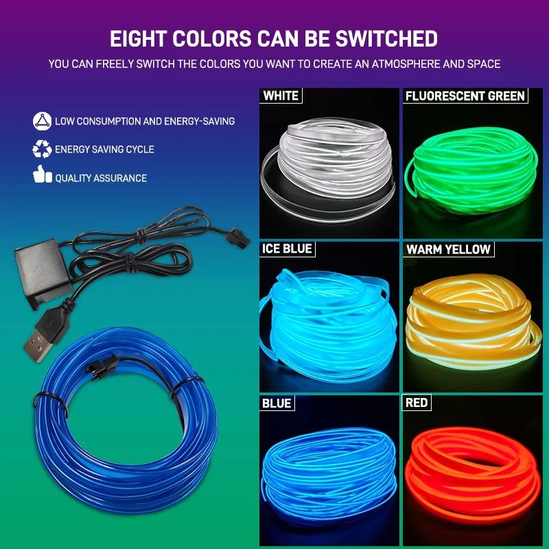 Car Interior LED EL Neon Strip USB Flexible Ambient Light, 3M/5M Optional DIY Atmosphere Lamp for Auto Interior Decoration