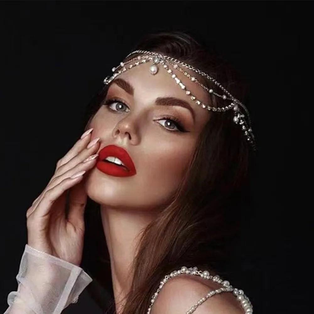 Full Rhinestone Head Chain Headpiece Pearls Tassel Crystal Meshes Headbands  Hair Accessories