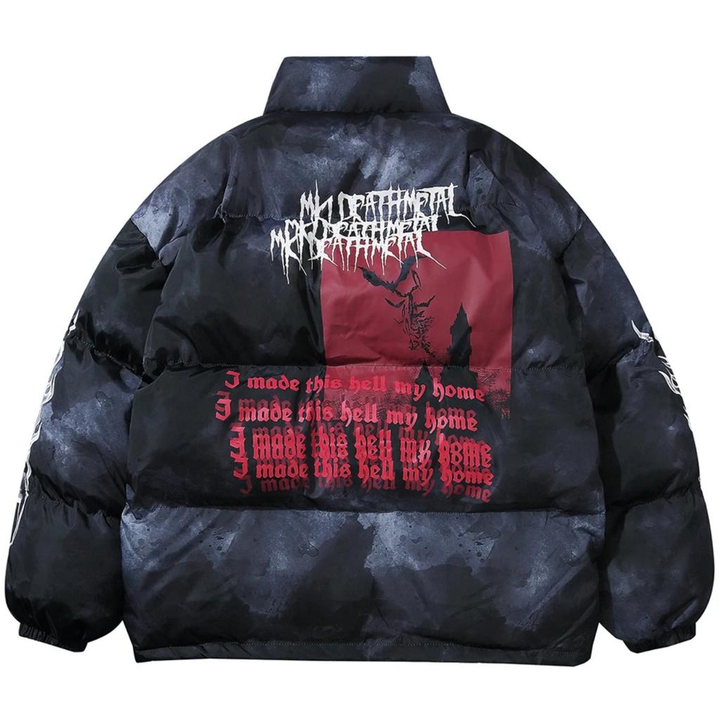 FlowStreet Oversized Hip Hop Parkas Padded Puffer Jacket Men Winter Warm Coat Letter Graphic Tie Dye Streetwear Jackets Y2K Parkas Coats