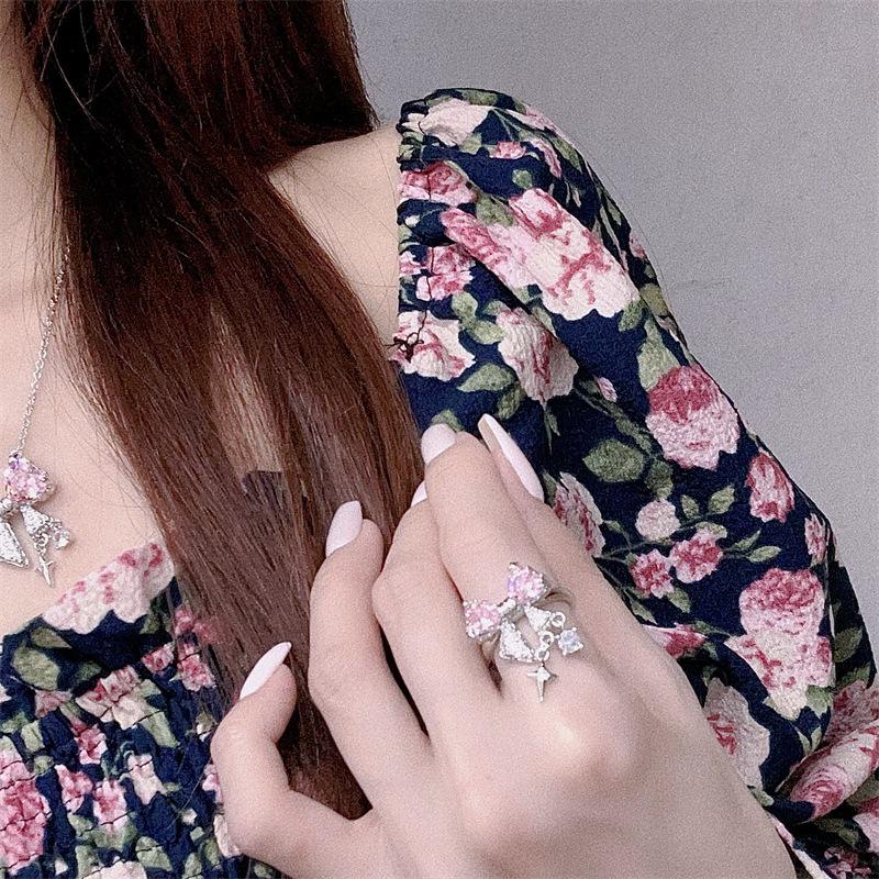 Super Sparkling Pink Bow Jewelry Set: Earrings, Ring, & Necklace - A Unique, Brilliant, Girlish Starlight Collection
