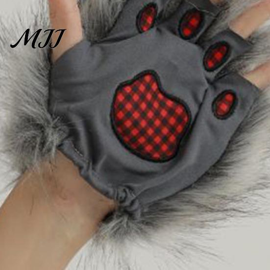 Wolf Paw Plush Gloves Fingerless Warm Fuzzy Animal Cosplay Hand Paws Faux Fur for Halloween Christmas Dress-Up Party Costume Skin-friendly Lining