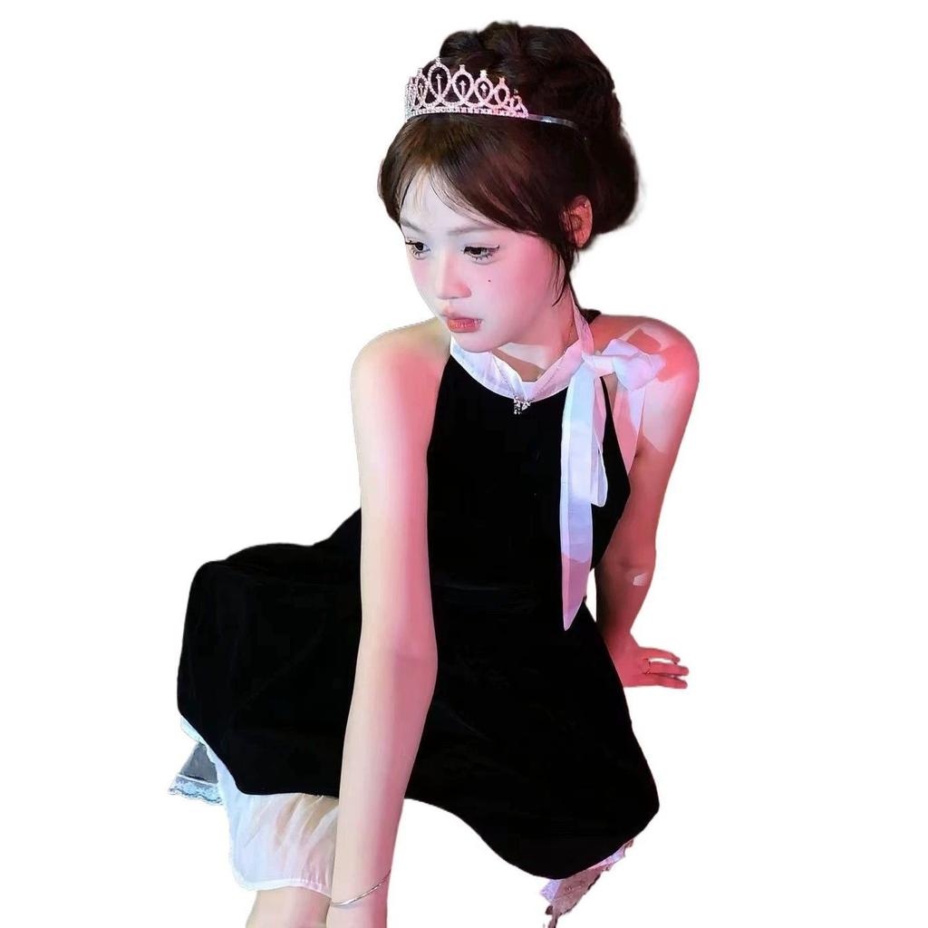 French pure desire temperament high waist and thin bow sleeveless dress small black short skirt