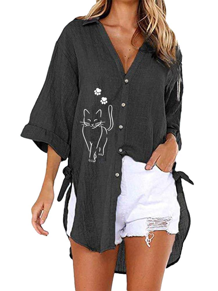 Damenmode Halbarm T-Shirt Damen Lässig V-Ausschnitt Oberteil Locker Print Lange Blusen