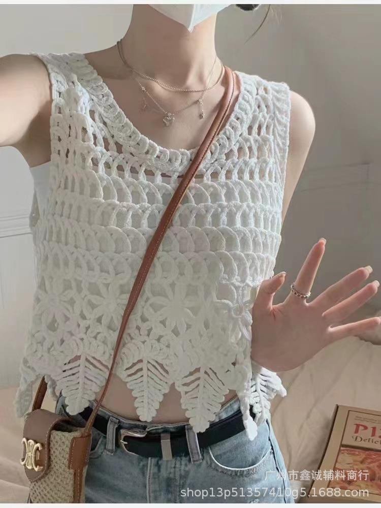 Summer Spice Girl Design Sense Crochet Hollow Suspender Women's Knitted Vest Vest Outside Sleeveless Blouse Top