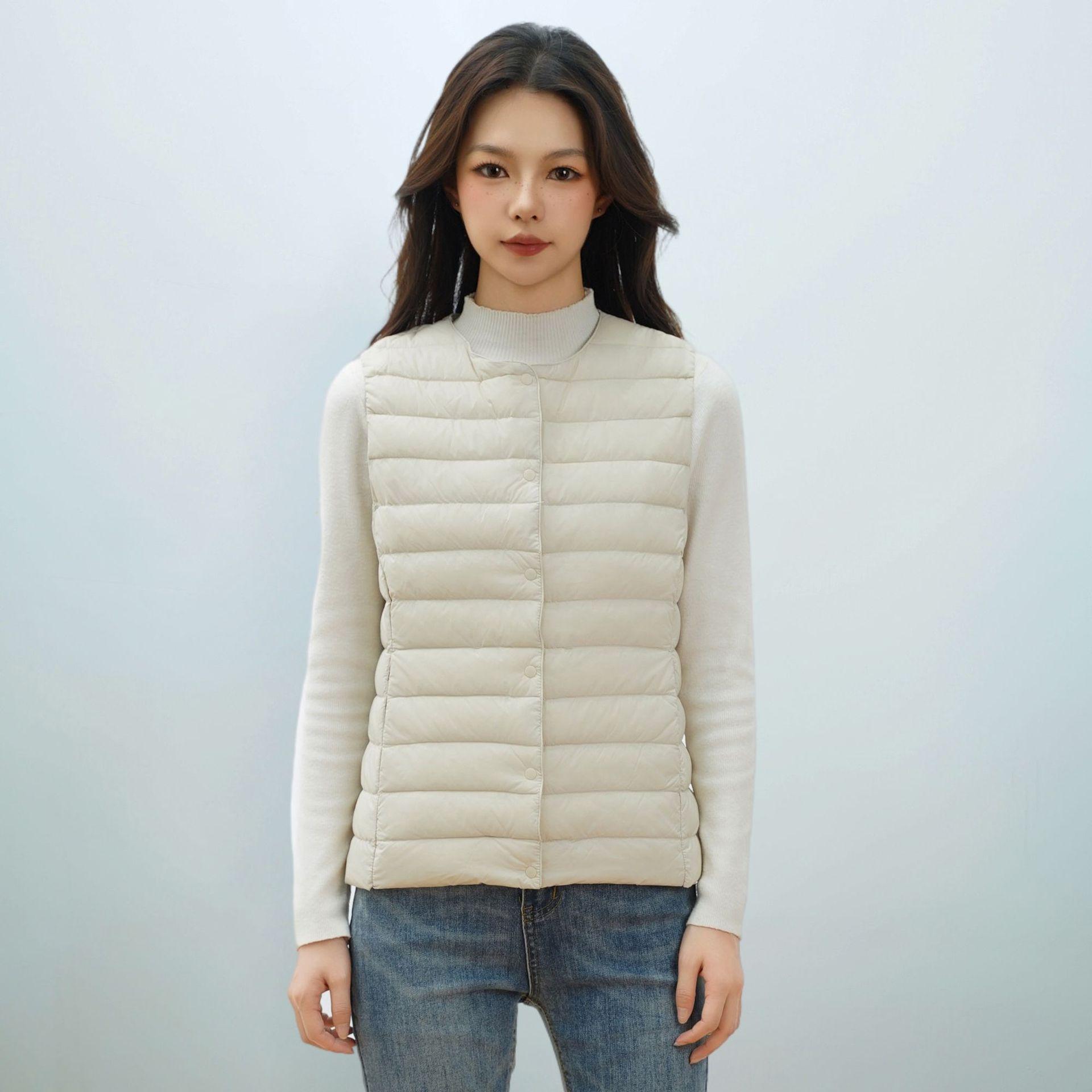 

Осенне-зимний женский жилет с круглым вырезом и V-образным вырезом, легкий пуховик, жилет на утином пуху L бежевый